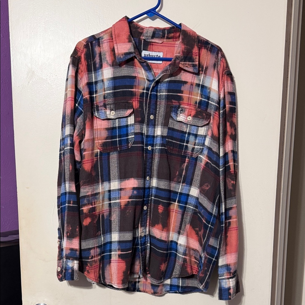 urbnvtg Men's Casual Plaid Button Down Shirt - Red and Blue Los Angeles Scull